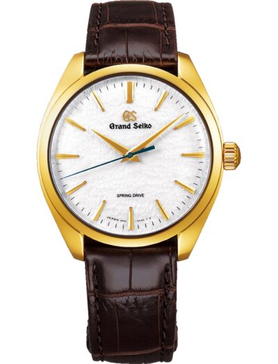 Grand Seiko wristwatch with 18k yellow gold case, white dial and crocodile leather strap