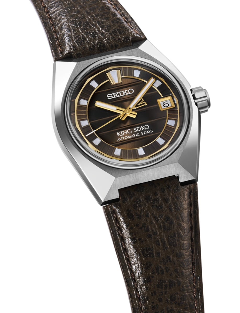Side view of Seiko wristwatch with stainless steel case, brown dial, and brown cow leather strap.