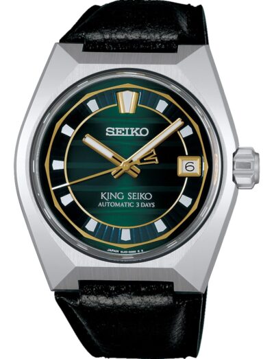 Seiko wristwatch with stainless steel case, green dial, and black cow leather strap.