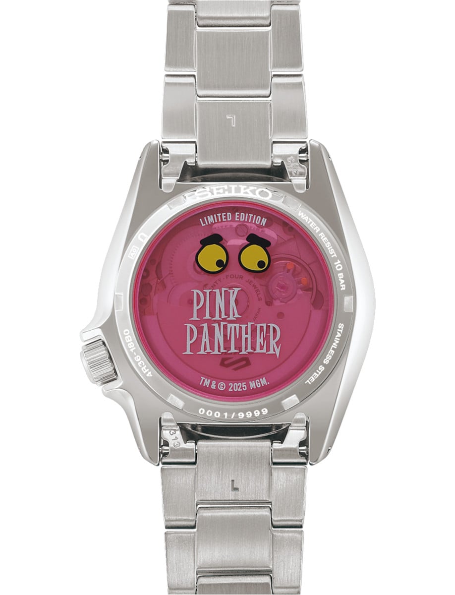 Back view of Seiko wristwatch with stainless steel case and bracelet, and pink case back.