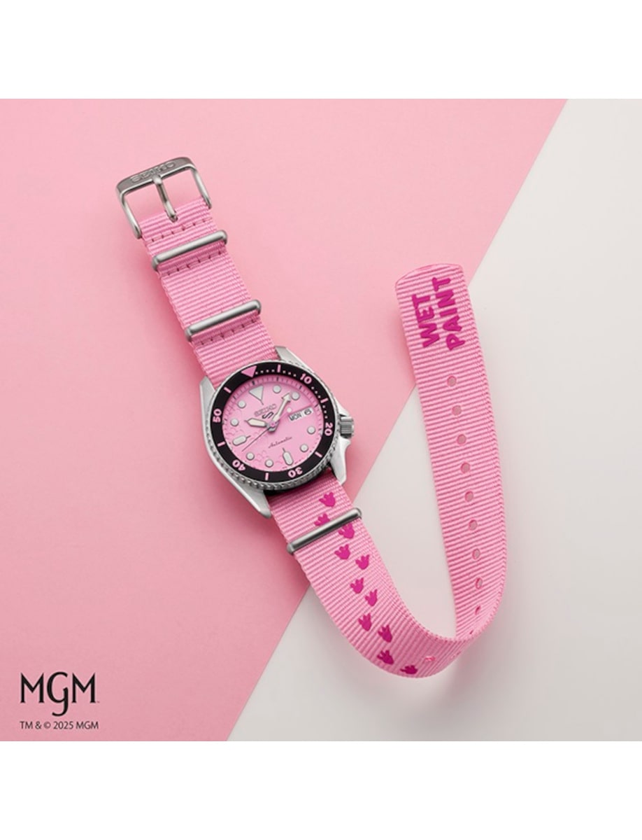 Full view of Seiko wristwatch with stainless steel case and bracelet, and pink dial.