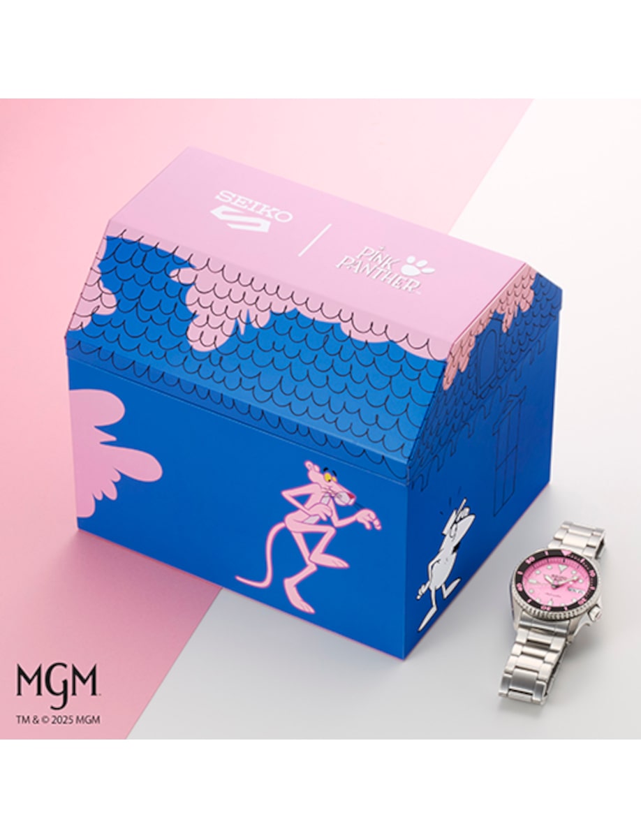 Box view of Seiko wristwatch with stainless steel case and bracelet, and pink dial.