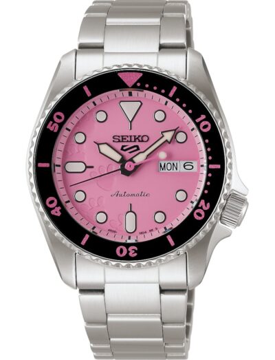 Seiko wristwatch with stainless steel case and bracelet, and pink dial.