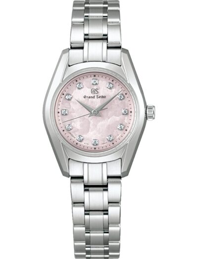 Grand Seiko wristwatch with stainless steel case and bracelet and pink dial