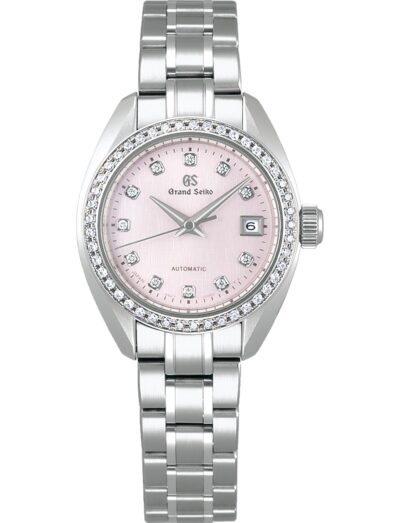 Grand Seiko wristwatch with stainless steel case and bracelet and light pink dial