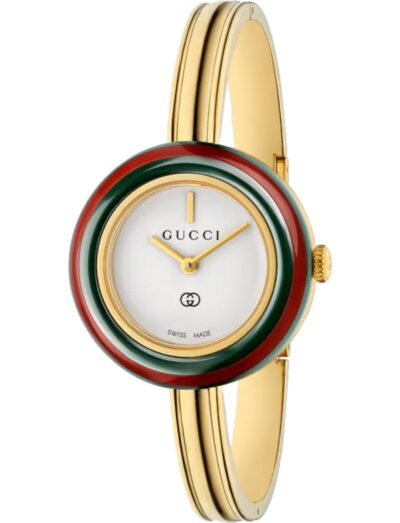 Gucci wristwatch with yellow gold plated stainless steel case and bangle, and white dial.