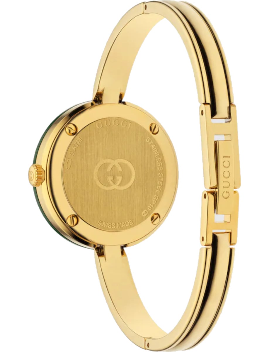 Gucci wristwatch with yellow gold plated stainless steel case and bangle.