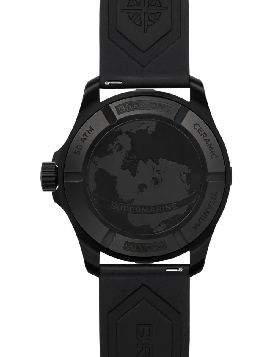 Back view of Bremont wristwatch with ceramic and titanium case, and black rubber chevron strap.