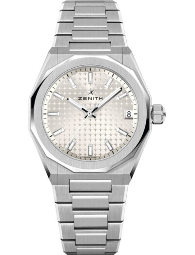 Zenith wristwatch with stainless steel case and bracelet, and silver-tone dial.