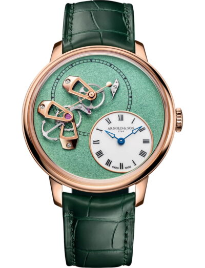 Arnold&Son wristwatch with 18k red gold 5N case, grained dial with “Mint Green” PVD treatment, and Cornish green alligator leather strap.