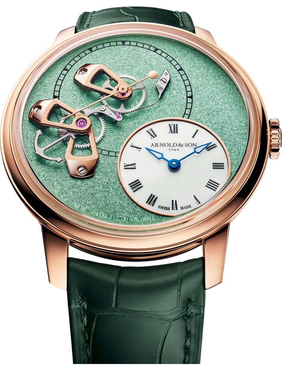 Closer view of Arnold&Son wristwatch with 18k red gold 5N case, grained dial with “Mint Green” PVD treatment, and Cornish green alligator leather strap.