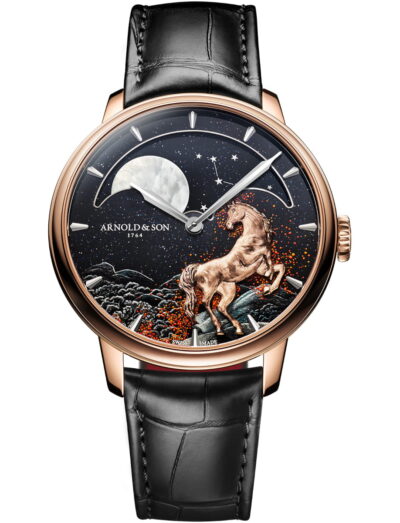 Arnold&Son wristwatch with 18k red gold case, black aventurine dial, and black leather strap.