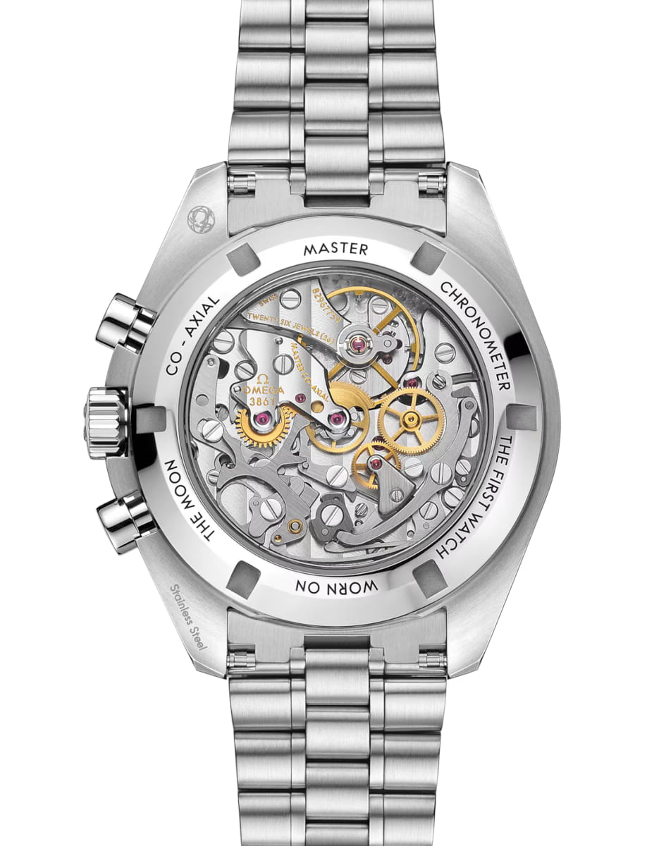 Back view of Omega wristwatch with stainless steel case and bracelet and black dial