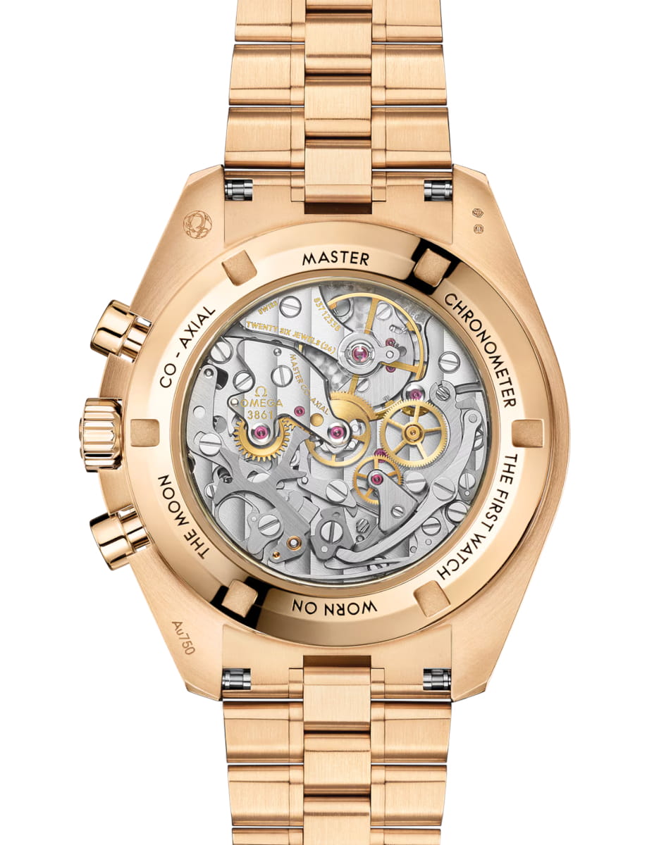 Back view of Omega wristwatch with Moonshine™ gold case and bracelet and black dial