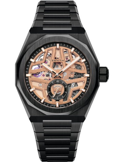 Zenith wristwatch with black ceramic case and bracelet, and gold-tone openworked dial.