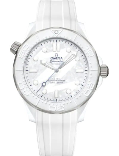 Omega wristwatch with white ceramic and titan case, white dial and white rubber strap