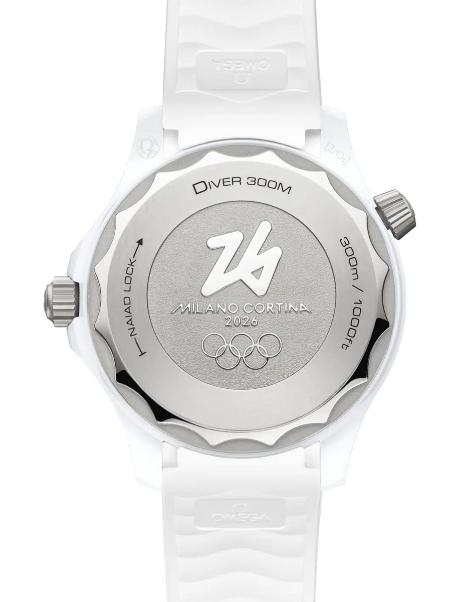 Back view of Omega wristwatch with white ceramic and titan case, white dial and white rubber strap