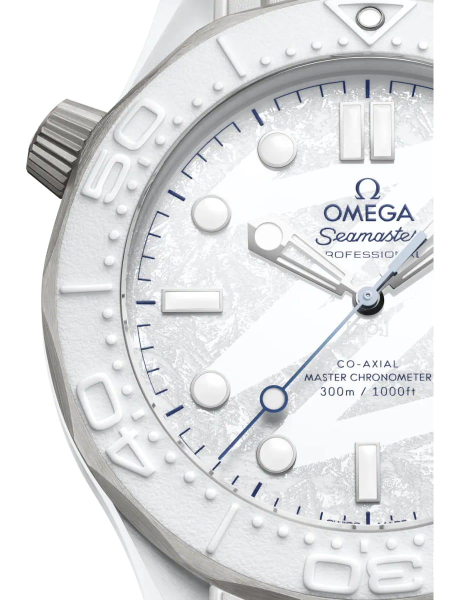 Closer look of Omega wristwatch with white ceramic and titan case, white dial and white rubber strap