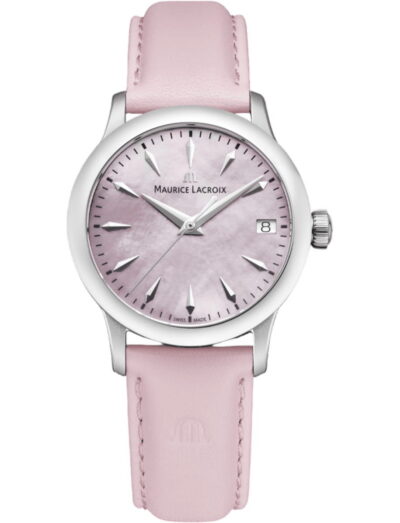 Maurice Lacroix 1975 wristwatch with stainless steel case, pink mother-of-pearl dial, and pink leather strap.
