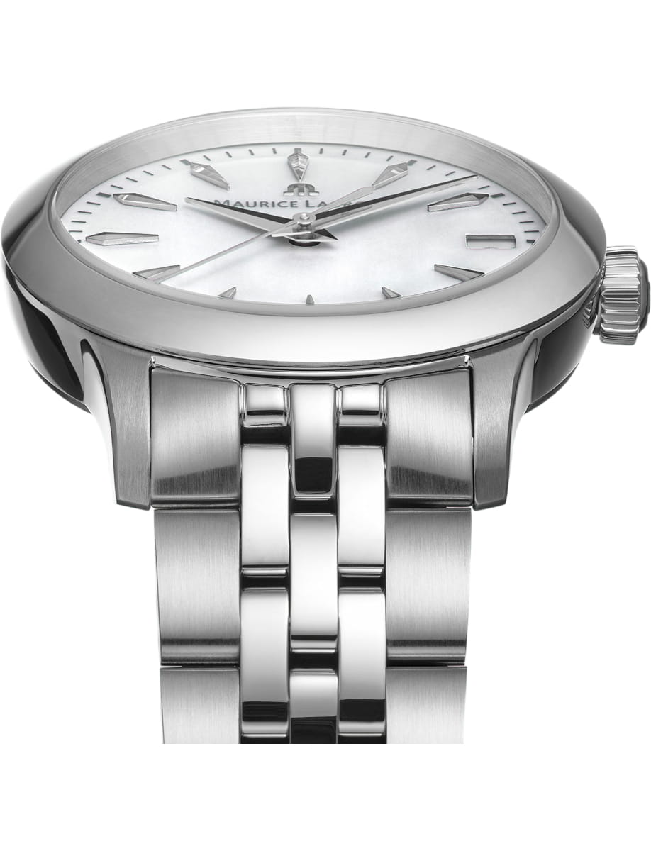 Side view of Maurice Lacroix wristwatch with stainless steel case and bracelet and white mother of pearl dial