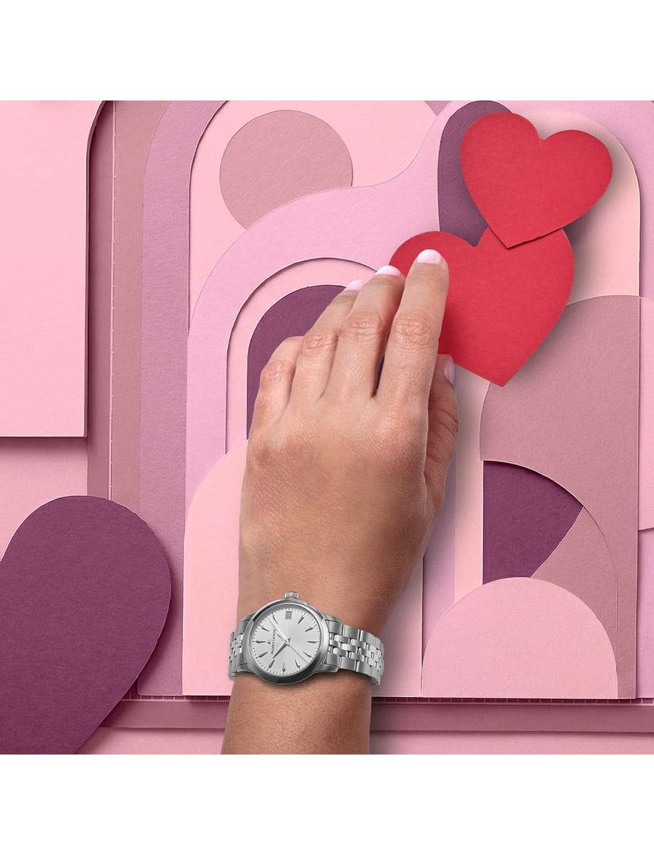 An image of wearing Maurice Lacroix wristwatch with stainless steel case and bracelet and white mother of pearl dial