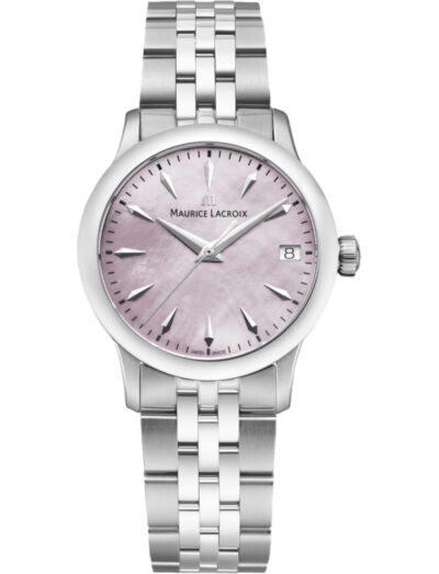 Maurice Lacroix 1975 wristwatch with stainless steel case and bracelet, and pink mother-of-pearl dial.