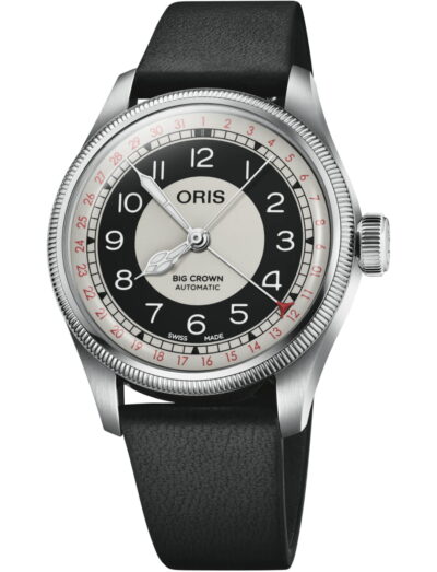 Oris wristwatch with stainless steel case, gray and black dial and black leather strap