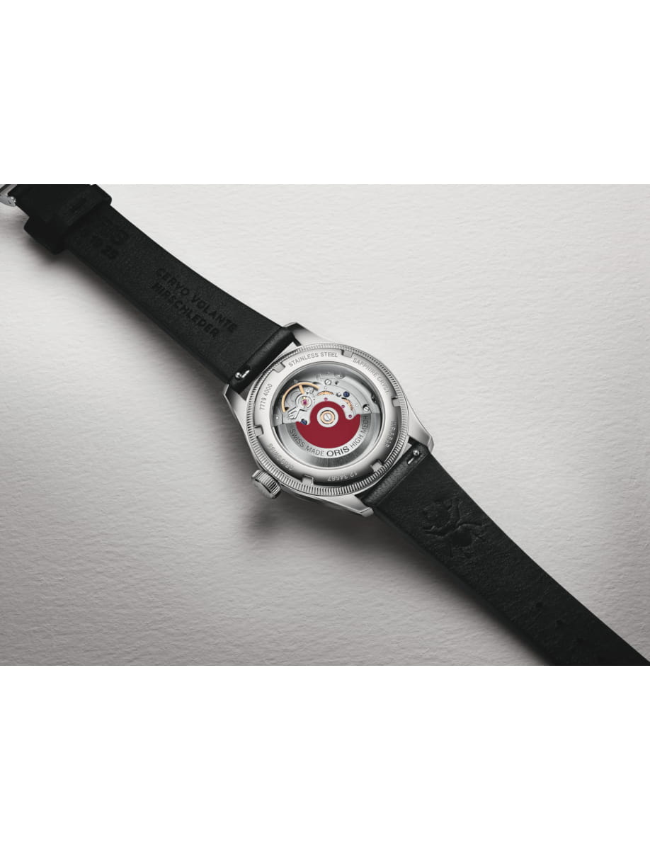 Back view of Oris wristwatch with stainless steel case, gray and black dial and black leather strap