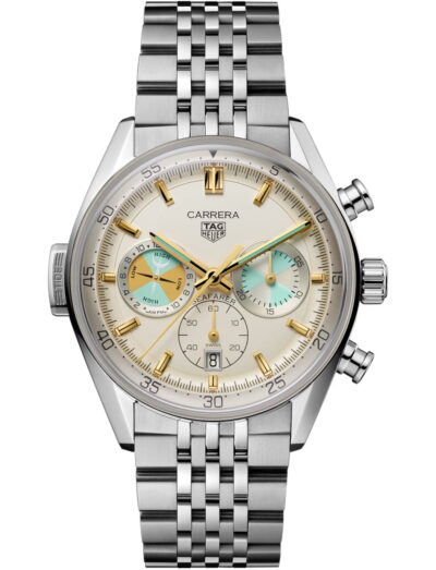 Tag Heuer wristwatch with stainless steel case and bracelet, and beige "Azurage" dial.