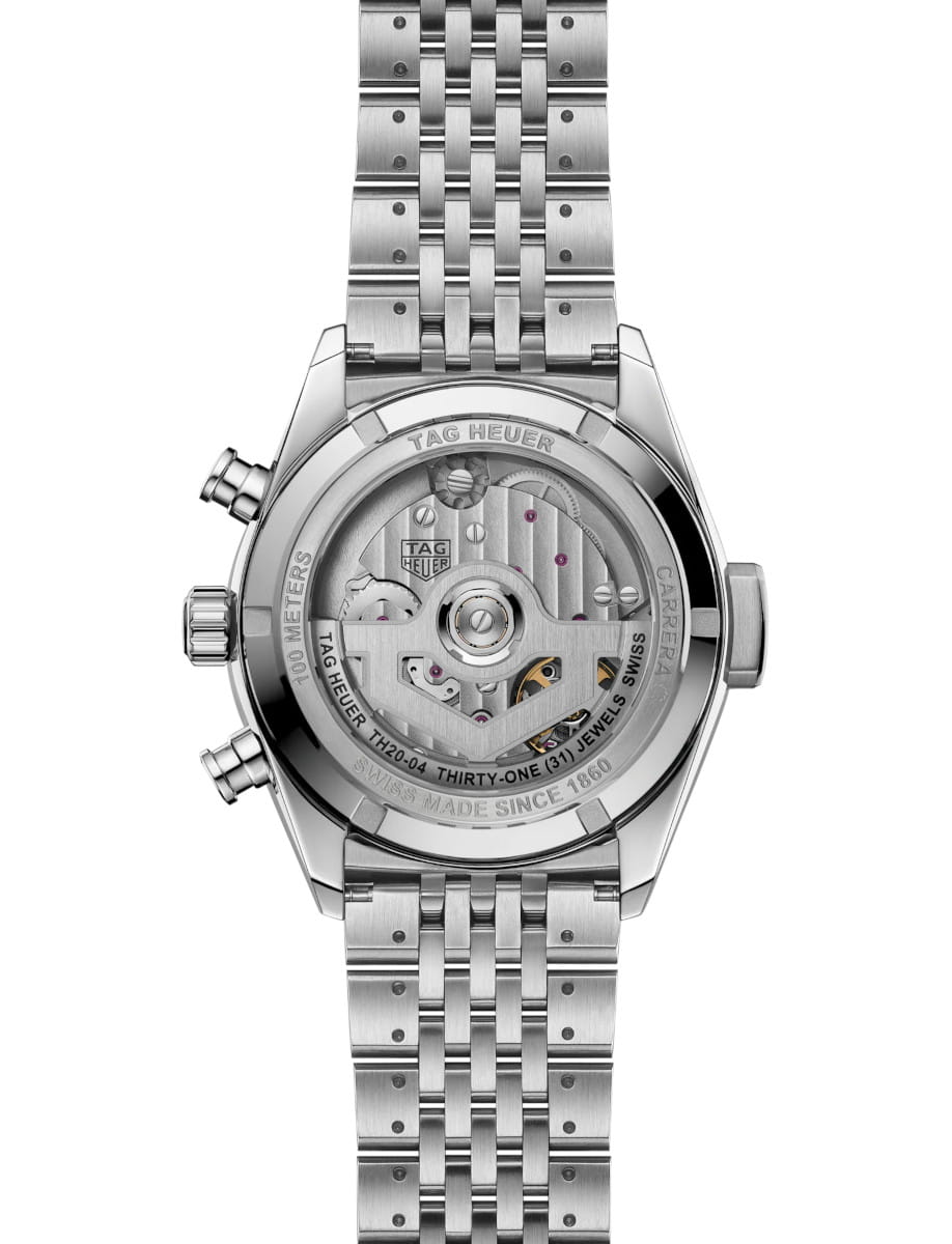 Tag Heuer wristwatch with stainless steel case and bracelet, and sapphire crystal case back.