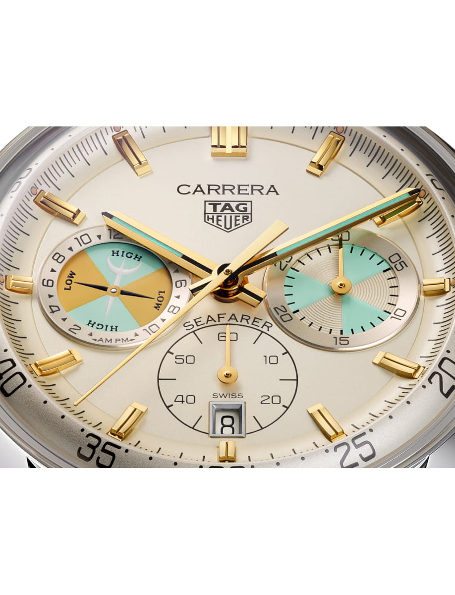 Close view of the dial of Tag Heuer wristwatch with stainless steel case, and beige 