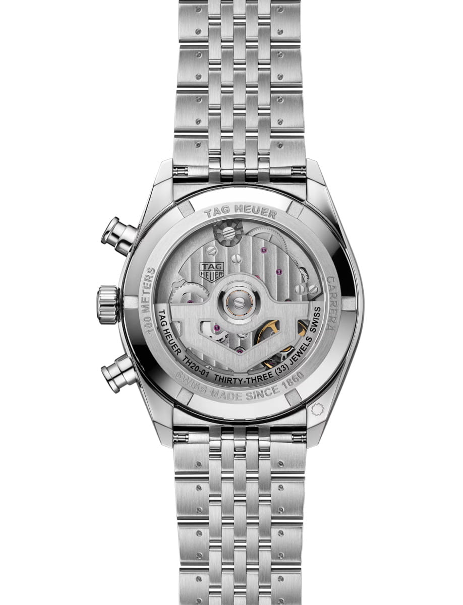 Back view of Tag Heuer wristwatch with stainless steel case and bracelet, and sapphire crystal caseback.