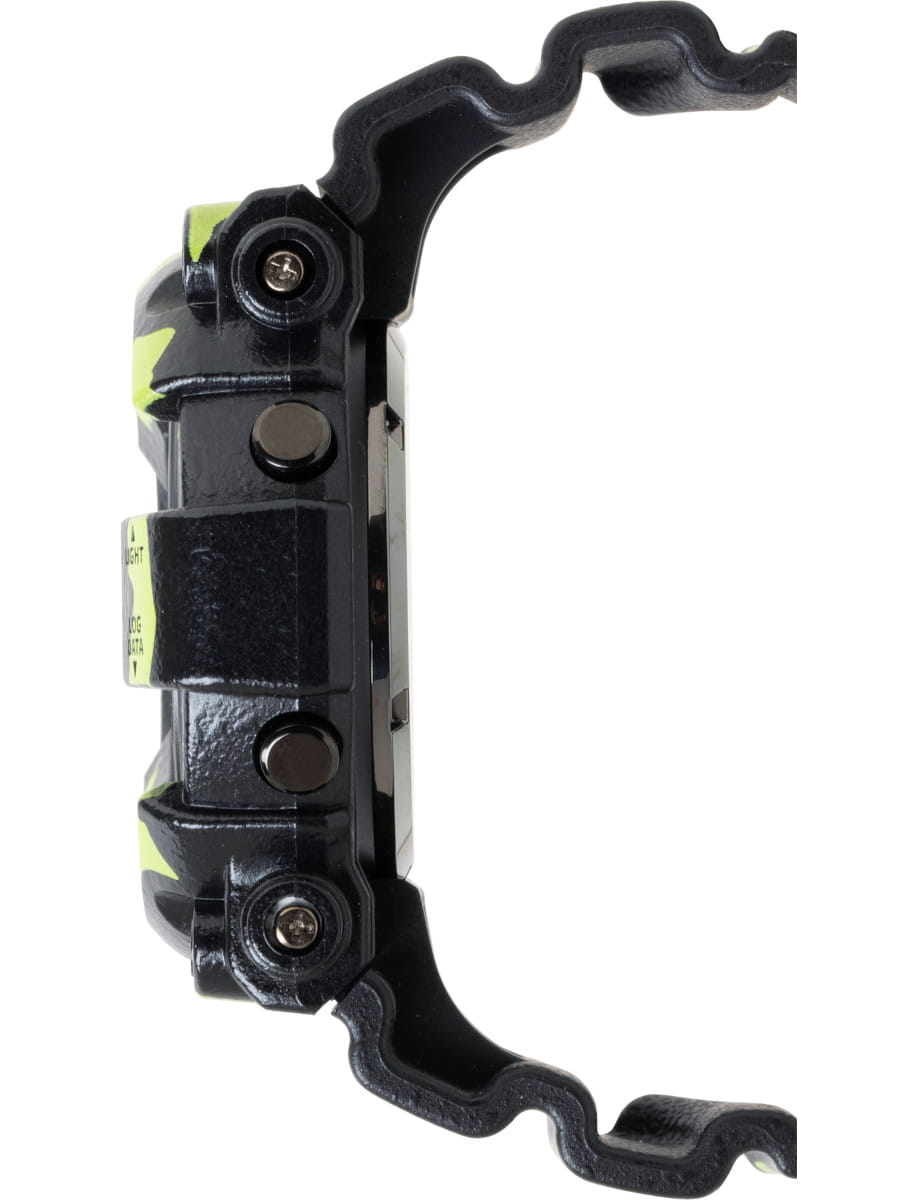 Side view of G-Shock wristwatch with titanium/bio-based resin case and bracelet, and black digital dial.