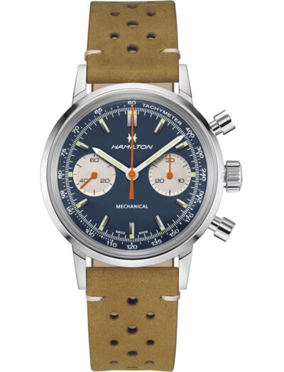 Hamilton wristwatch with stainless steel case, blue dial, and a brown leather strap. | Feldmar Watch Co. Hamilton wristwatch with stainless steel case, blue dial, and a brown leather strap.