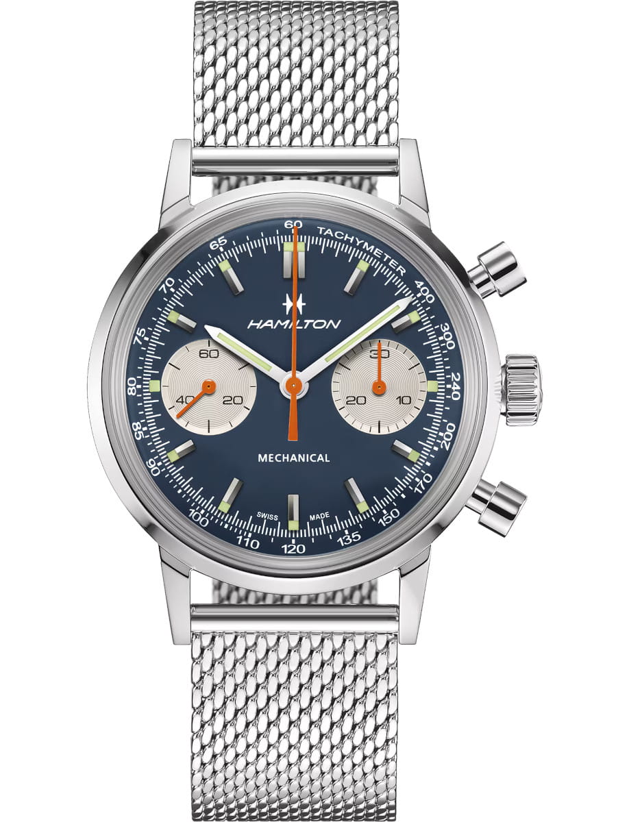 Hamilton wristwatch with stainless steel case, blue dial, and an additional stainless steel bracelet.