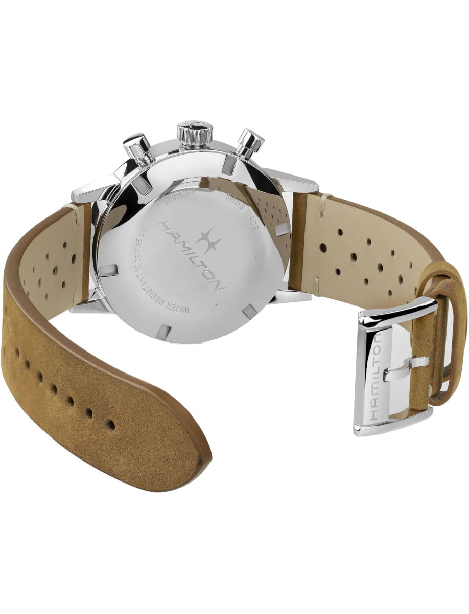 Back view of Hamilton wristwatch with stainless steel case, solid case back, and a brown leather strap.