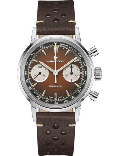 Hamilton wristwatch with stainless steel case, brown dial, and a brown leather strap. | Feldmar Watch Co. Hamilton wristwatch with stainless steel case, brown dial, and a brown leather strap.