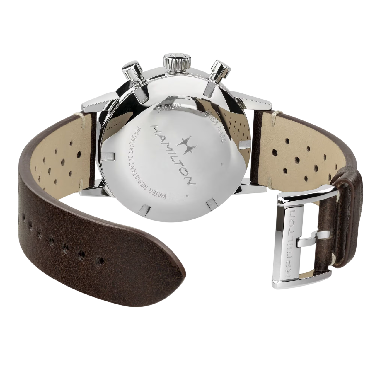 Hamilton wristwatch with stainless steel case, solid case back, and a brown leather strap.
