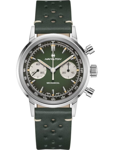 Hamilton wristwatch with stainless steel case, green dial, and a green leather strap. | Feldmar Watch Co. Hamilton wristwatch with stainless steel case, green dial, and a green leather strap.