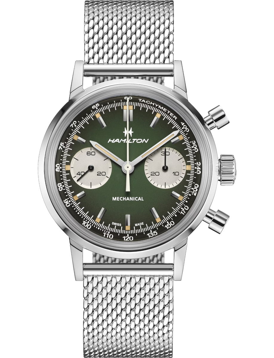 Hamilton wristwatch with stainless steel case, green dial, and a mesh stainless steel case.