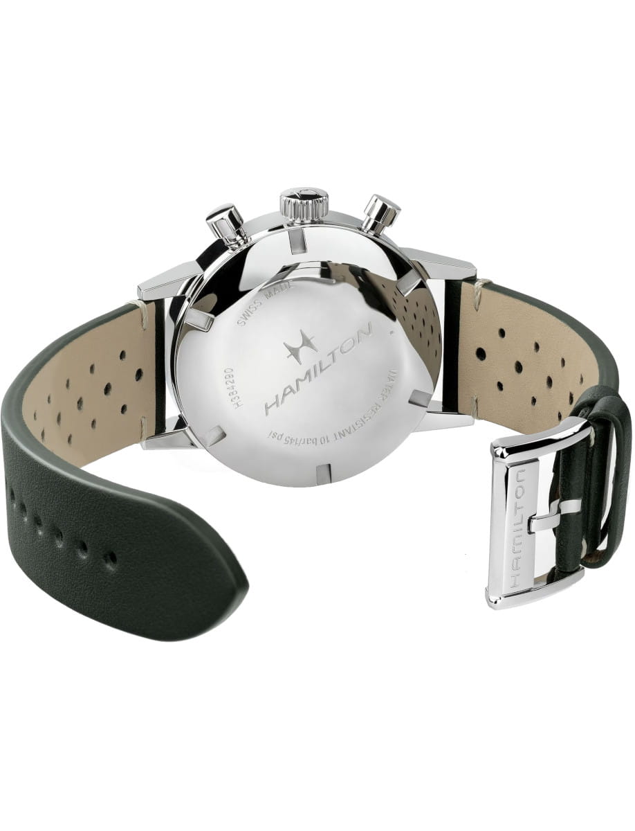 Back view of Hamilton wristwatch with stainless steel case, solid case back, and a green leather strap.