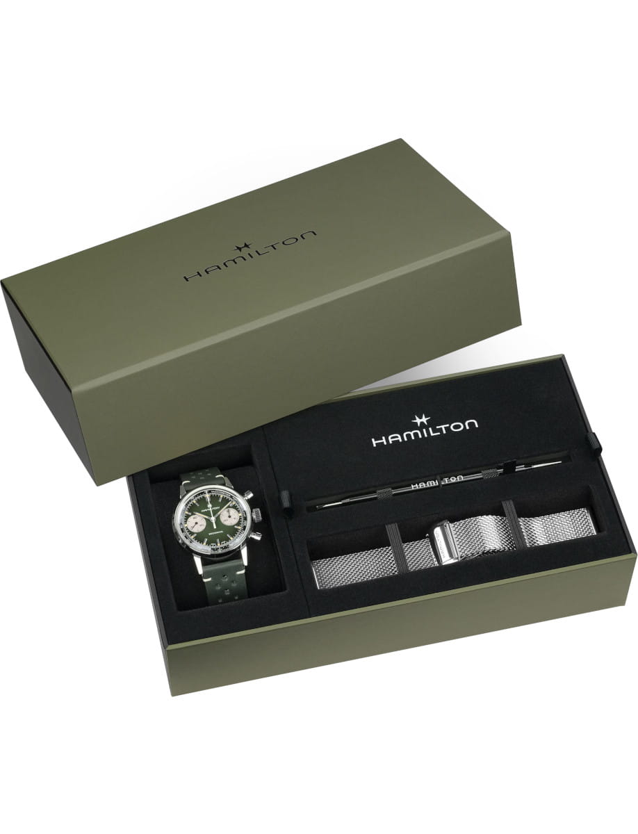 Box view of Hamilton wristwatch with stainless steel case, green dial, and a green leather strap.