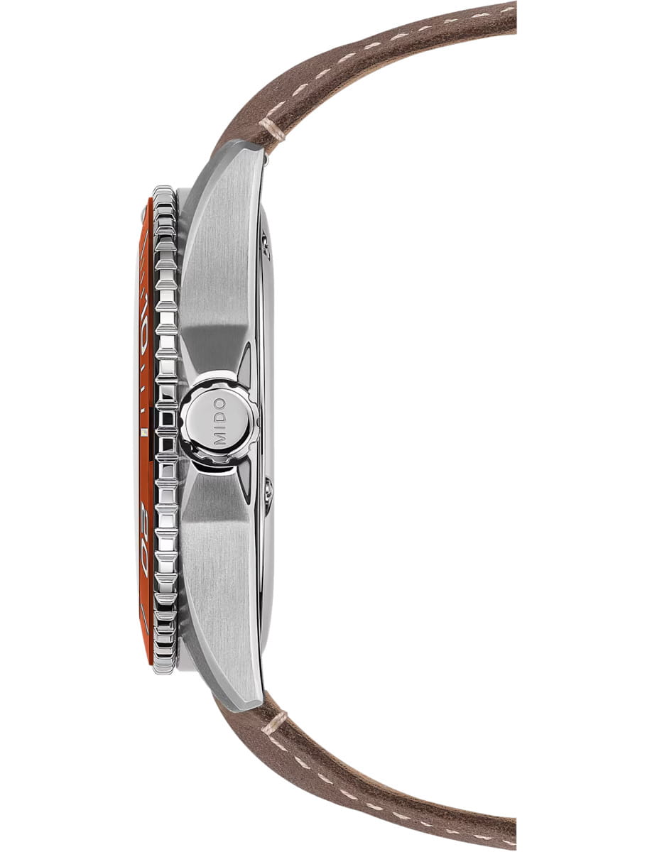 Side view of Mido wristwatch with stainless steel case, black dial, and brown leather strap.