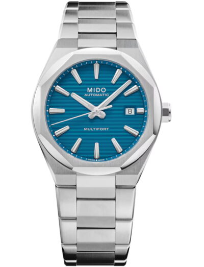 Mido wristwatch with stainless steel case and bracelet, and turquoise dial.