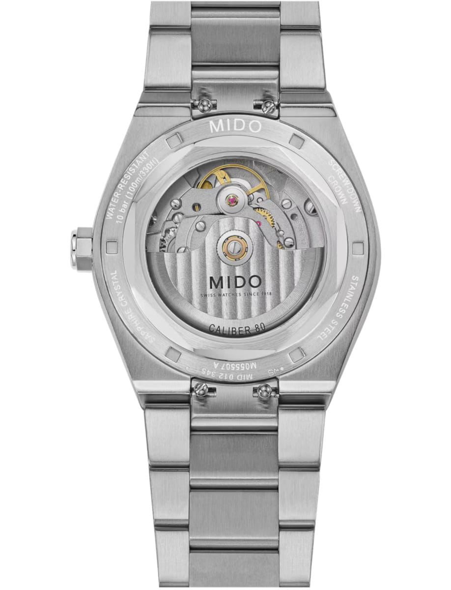 Back view of Mido wristwatch with stainless steel case and bracelet, and semi-open case back.