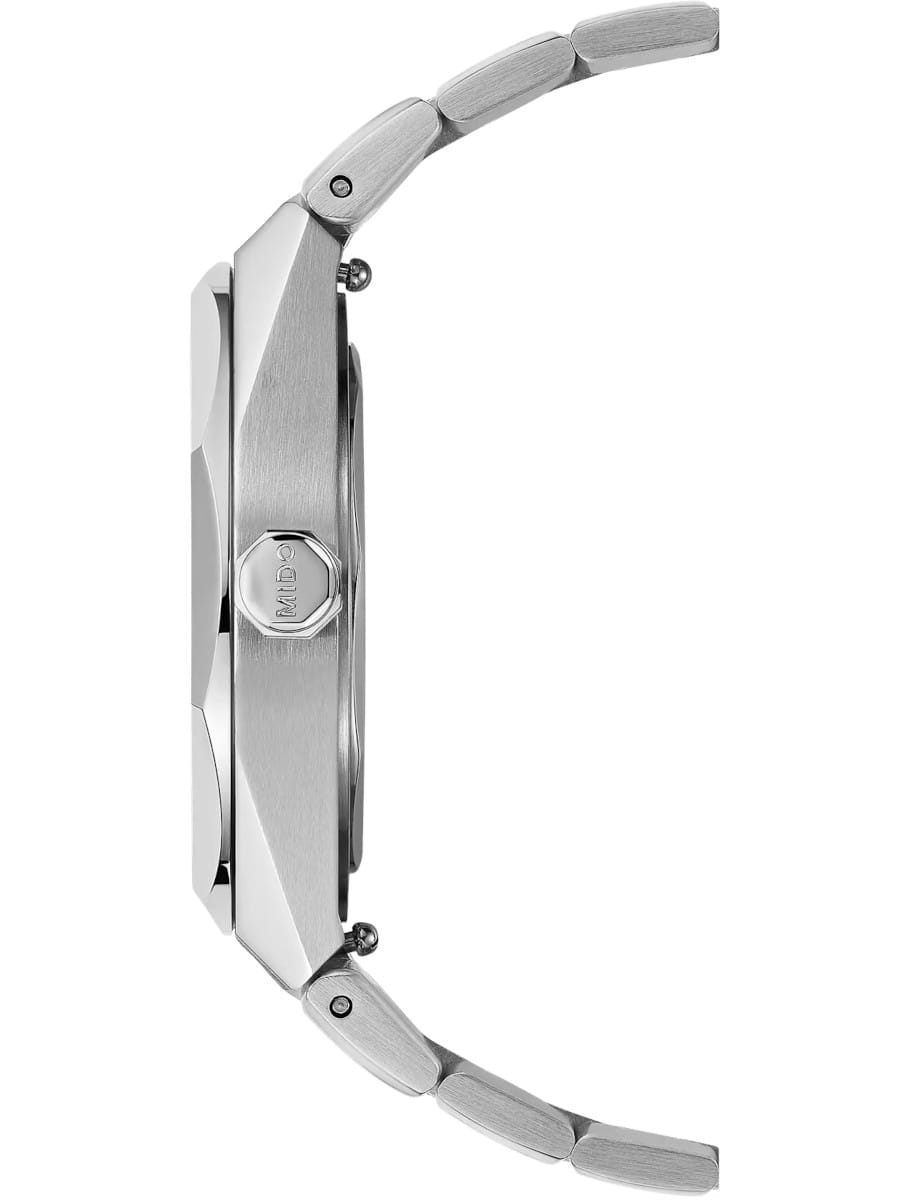 Side view of Mido wristwatch with stainless steel case and bracelet.