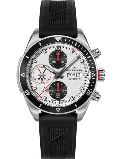 Norqain wristwatch with stainless steel case, white dial with black counters, and black NHL puck rubber strap.