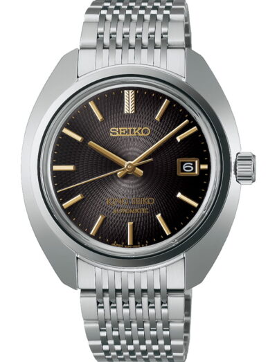 Seiko wristwatch with stainless steel case and bracelet, deep gray gradient dial.