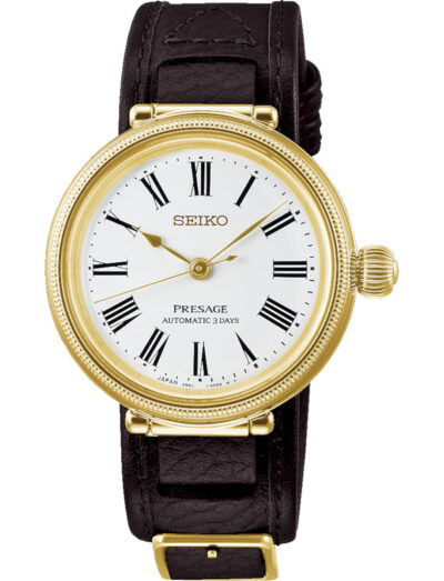 Seiko Presage wristwatch with stainless steel case, white dial, and cow leather strap.