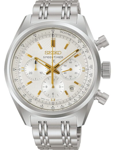 Seiko wristwatch with stainless steel case and bracelet, white dial with gold-colored accents.
